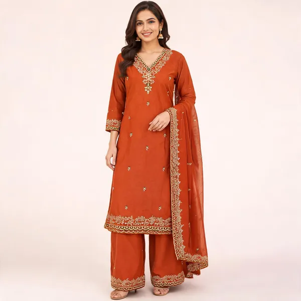 Orange_Chanderi_Silk_Straight_Embroidered_Kurta_Set_For_Women
