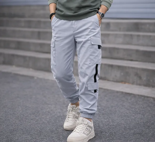 Light_Grey_Lycra_Tapered_Cargo_Pants_For_Men