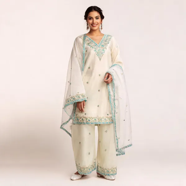 White_Chanderi_Silk_Straight_Embroidered_Kurta_Set_For_Women