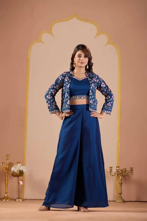 Navy_Vichitra_Silk_Floral_Printed_Shrug_Co-Ord_Set_For_Women