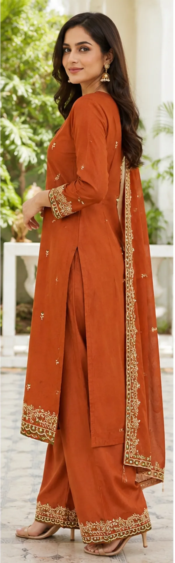 Orange_Chanderi_Silk_Straight_Embroidered_Kurta_Set_For_Women
