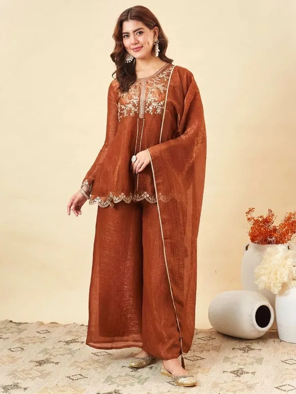 Rust_Ancysilk_Straight_Embroidered_Kurta_Set_For_Women