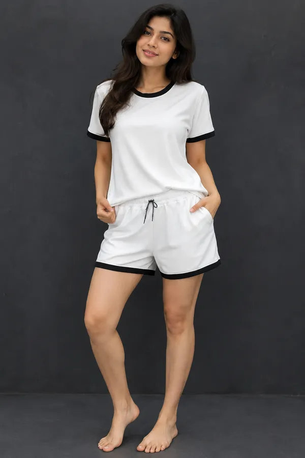 White_Lycra_Relaxed_Fit_T-Shirt_Shorts_Set_For_Women