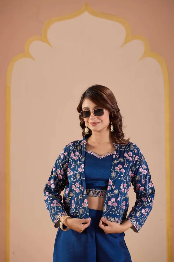 Navy_Vichitra_Silk_Floral_Printed_Shrug_Co-Ord_Set_For_Women