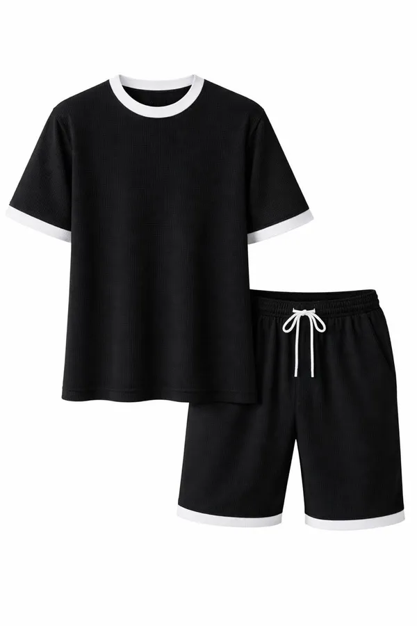 Black_Lycra_Relaxed_Contrast_Trim_T-Shirt_Shorts_Set_For_Women
