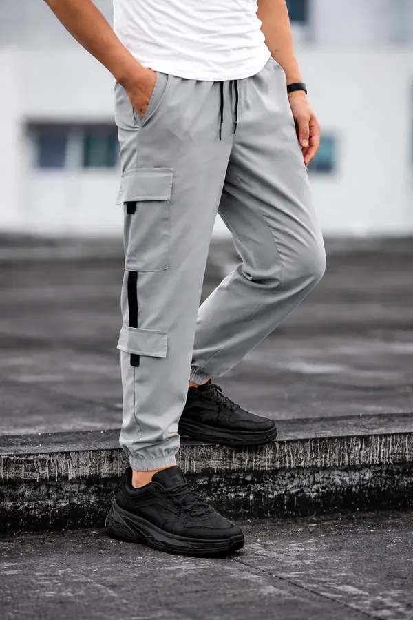 Light_Grey_Lycra_Tapered_Cargo_Pants_For_Men