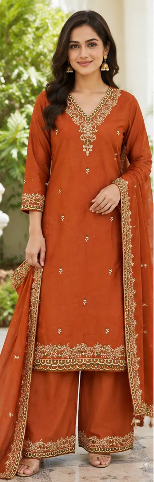 Orange_Chanderi_Silk_Straight_Embroidered_Kurta_Set_For_Women