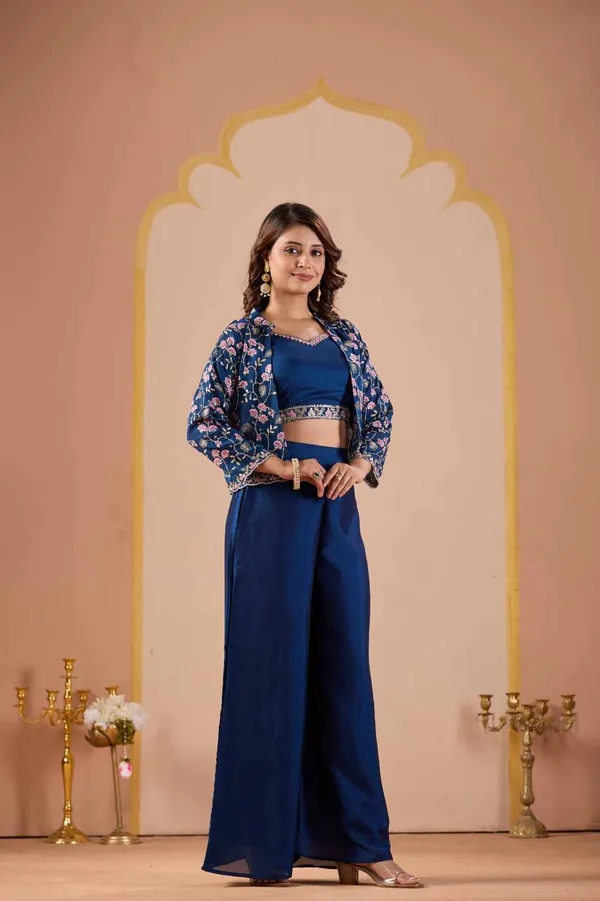 Navy_Vichitra_Silk_Floral_Printed_Shrug_Co-Ord_Set_For_Women