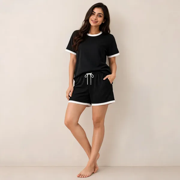 Black_Lycra_Relaxed_Contrast_Trim_T-Shirt_Shorts_Set_For_Women