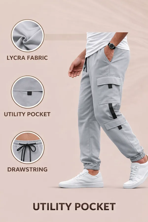 Light_Grey_Lycra_Tapered_Cargo_Pants_For_Men