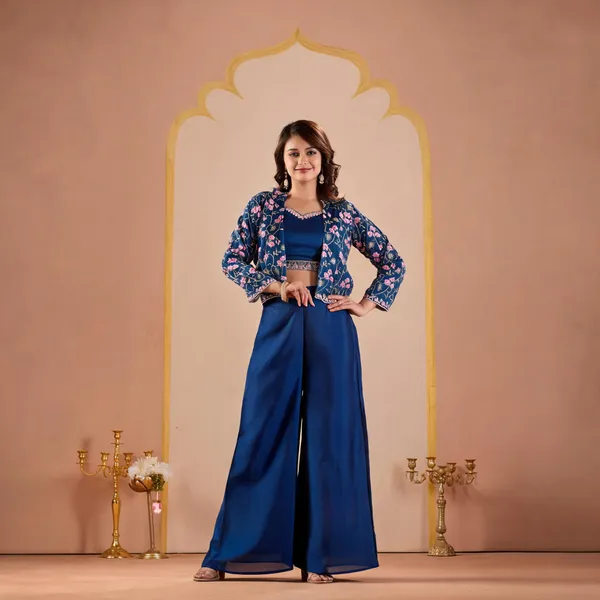 Navy_Vichitra_Silk_Floral_Printed_Shrug_Co-Ord_Set_For_Women
