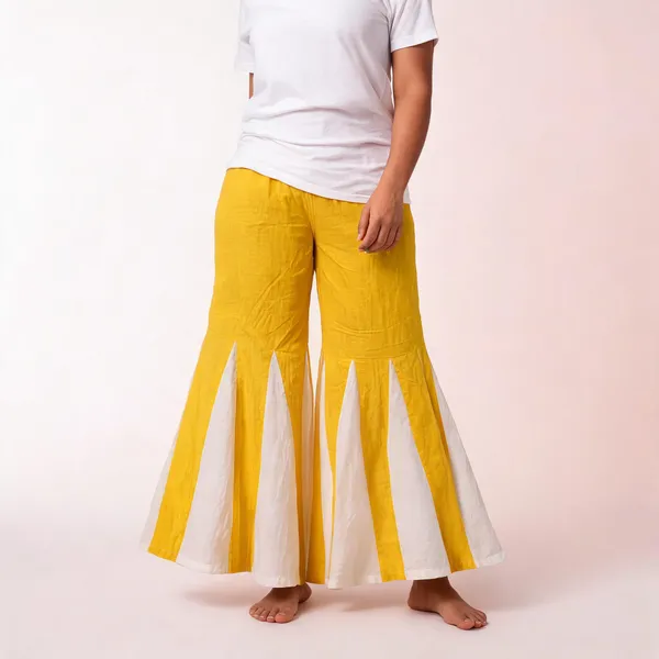 Yellow_White_Khadi_Cotton_Flared_Palazzo_Pants_For_Women