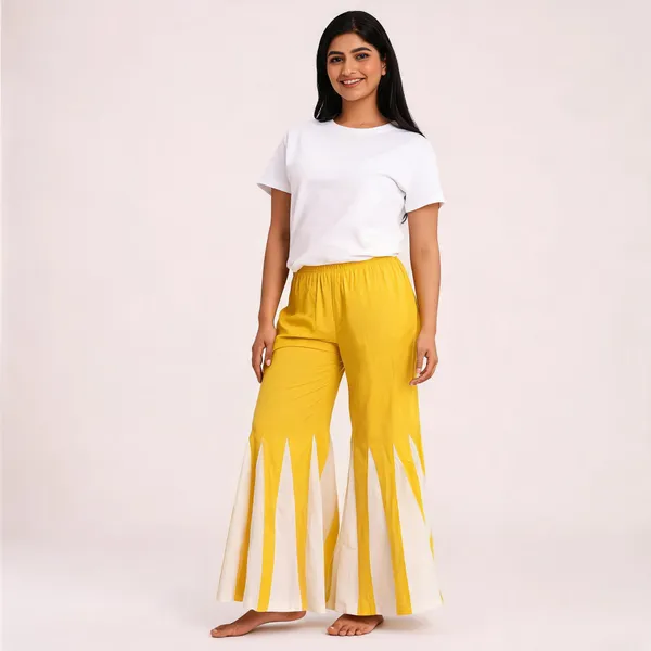 Yellow_White_Khadi_Cotton_Flared_Palazzo_Pants_For_Women