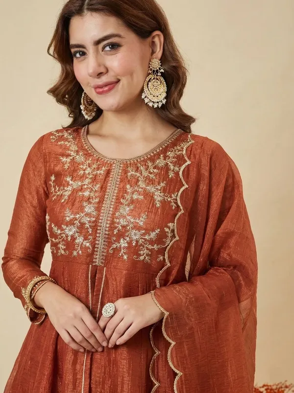 Rust_Ancysilk_Straight_Embroidered_Kurta_Set_For_Women