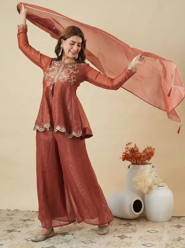 Rust_Ancysilk_Straight_Embroidered_Kurta_Set_For_Women