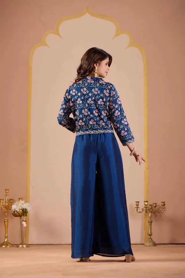 Navy_Vichitra_Silk_Floral_Printed_Shrug_Co-Ord_Set_For_Women