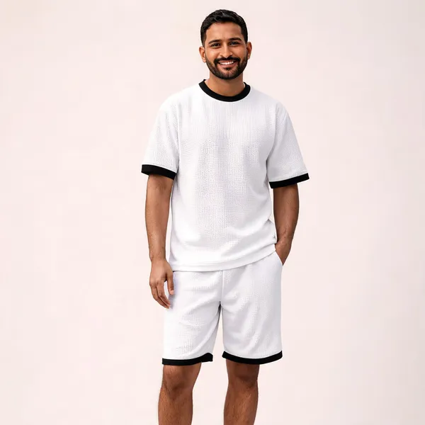 White_Lycra_Regular_Fit_T-Shirt_Shorts_Set_For_Men