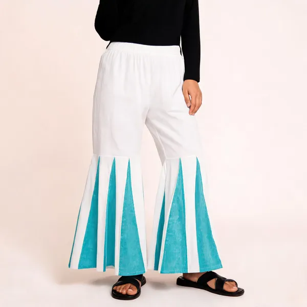 White_Turquoise_Khadi_Cotton_Flared_Palazzo_Pants_For_Women