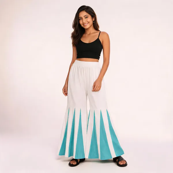 White_Turquoise_Khadi_Cotton_Flared_Palazzo_Pants_For_Women