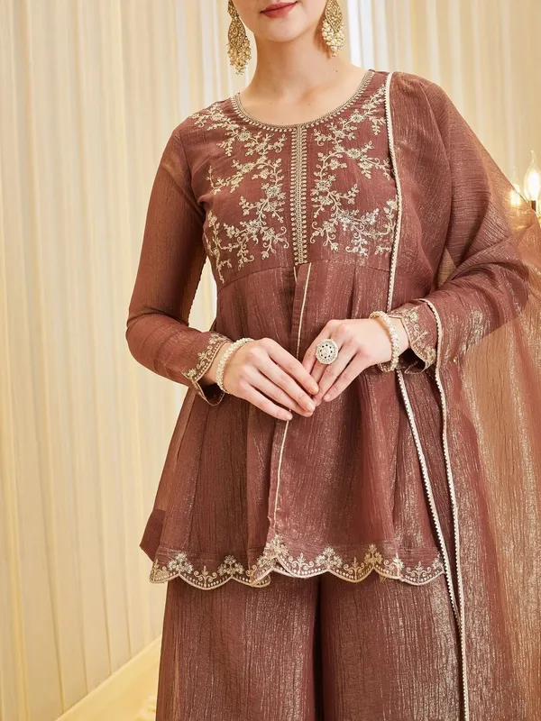 Brown_Ancysilk_Flared_Embroidered_Kurta_Set_For_Women