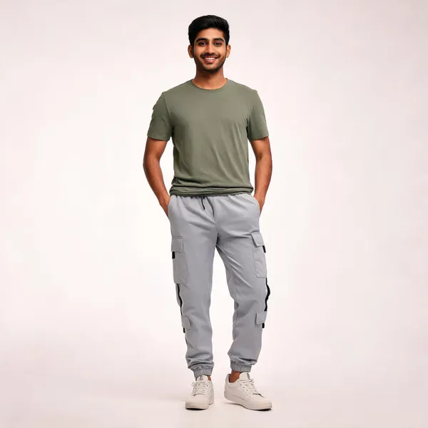 Light_Grey_Lycra_Tapered_Cargo_Pants_For_Men
