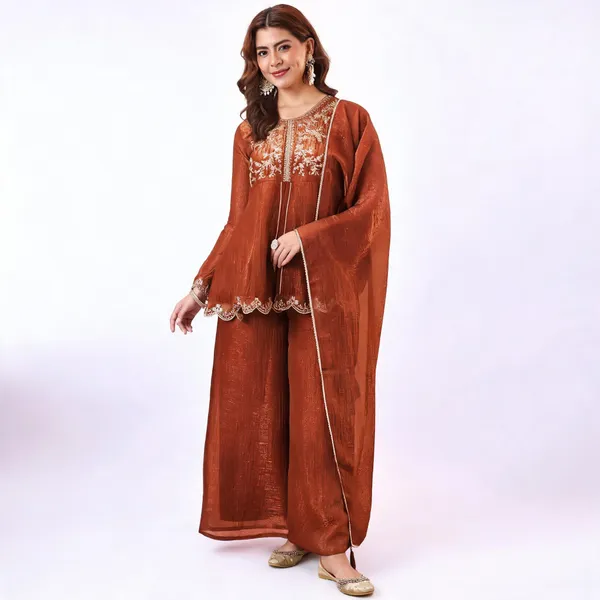Rust_Ancysilk_Straight_Embroidered_Kurta_Set_For_Women