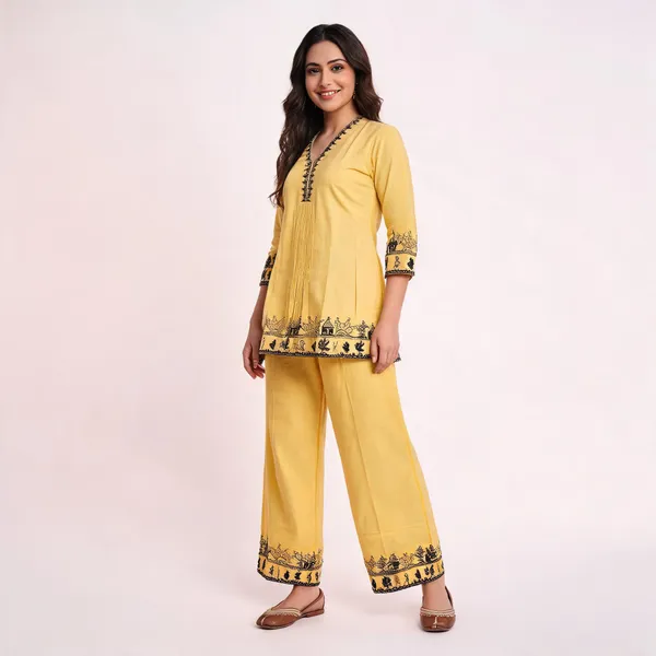 Yellow_Khadi_Cotton_Straight_Embroidered_Kurta_Set_For_Women