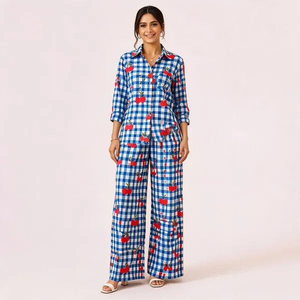 Blue_Satin_Relaxed_Gingham_Check_Co_Ord_Set_For_Women