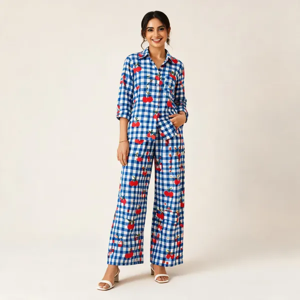 Blue_Satin_Relaxed_Gingham_Check_Co_Ord_Set_For_Women