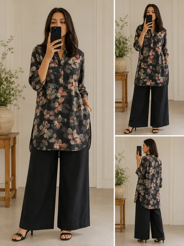 Black_Muslin_Floral_Print_Kurta_Wide_Leg_Co_Ord_Set_For_Women