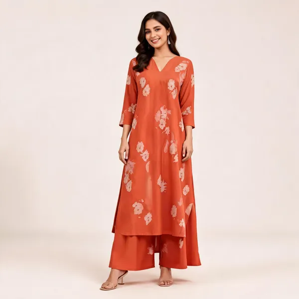Rust_Orange_Cotton_Floral_Print_Kurta_Co_Ord_Set_For_Women