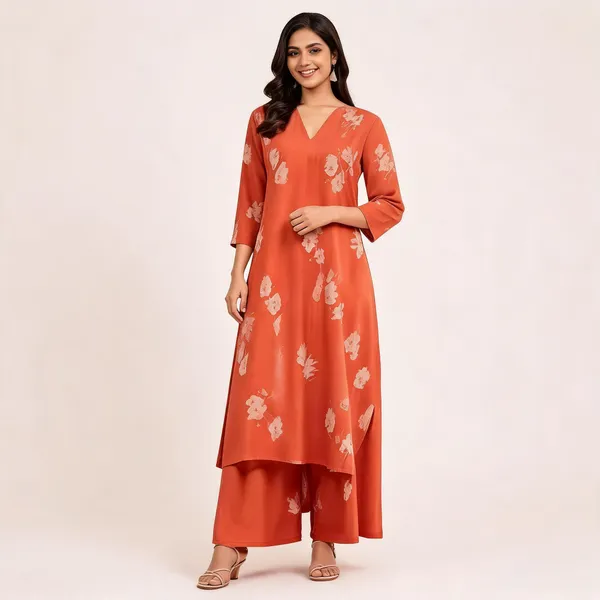 Rust_Orange_Cotton_Floral_Print_Kurta_Co_Ord_Set_For_Women