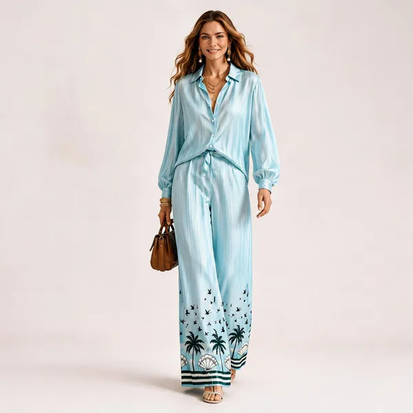 Blue_Satin_Tropical_Print_Shirt_Wide_Leg_Co_Ord_Set_For_Women