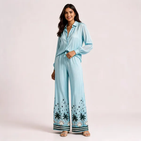 Blue_Satin_Tropical_Print_Shirt_Wide_Leg_Co_Ord_Set_For_Women