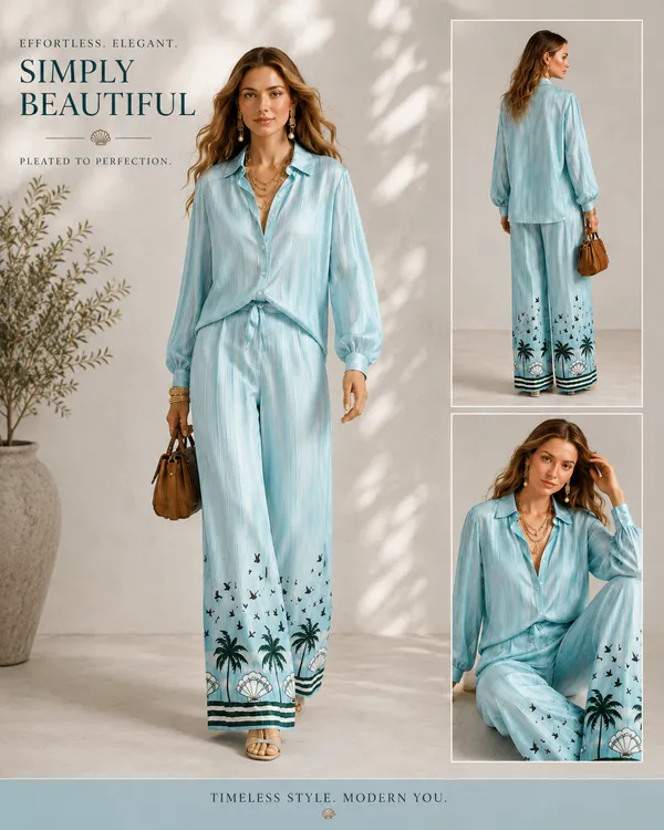 Blue_Satin_Tropical_Print_Shirt_Wide_Leg_Co_Ord_Set_For_Women
