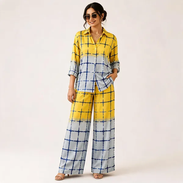 Yellow_Satin_Grid_Print_Shirt_Wide_Leg_Co_Ord_Set_For_Women