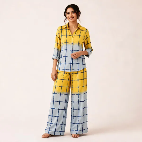 Yellow_Satin_Grid_Print_Shirt_Wide_Leg_Co_Ord_Set_For_Women