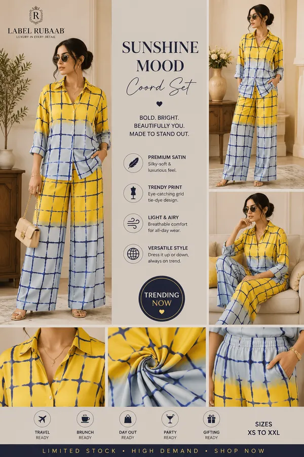 Yellow_Satin_Grid_Print_Shirt_Wide_Leg_Co_Ord_Set_For_Women