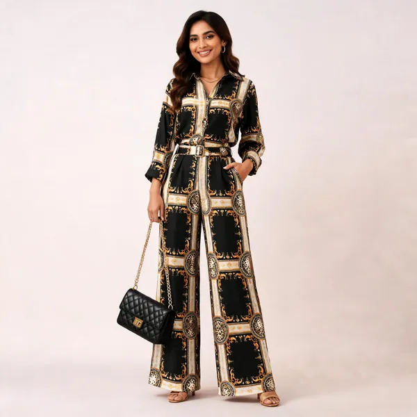 Black_American_Crepe_Checks_Chain_Print_Wide_Leg_Co_Ord_Set_For_Women