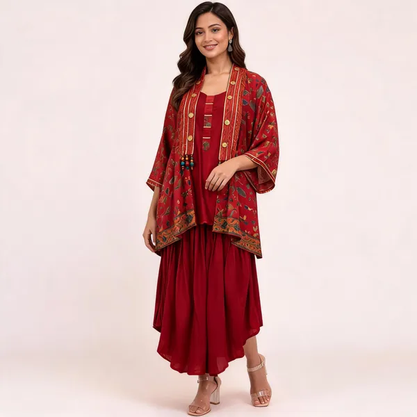 Red_Cotton_Relaxed_Layered_Kurta_Co_Ord_Set_For_Women