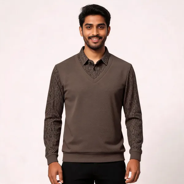 Brown_Cotton_Blend_V-Neck_Layered_Shirt_For_Men