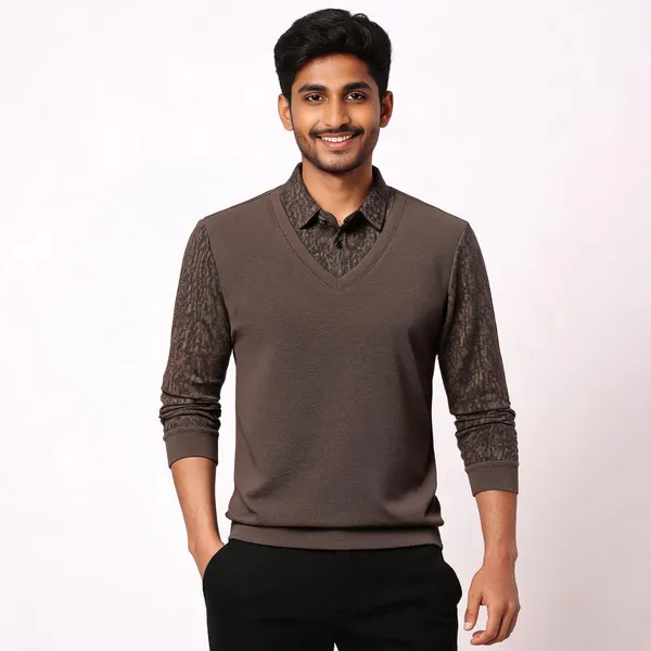 Brown_Cotton_Blend_V-Neck_Layered_Shirt_For_Men