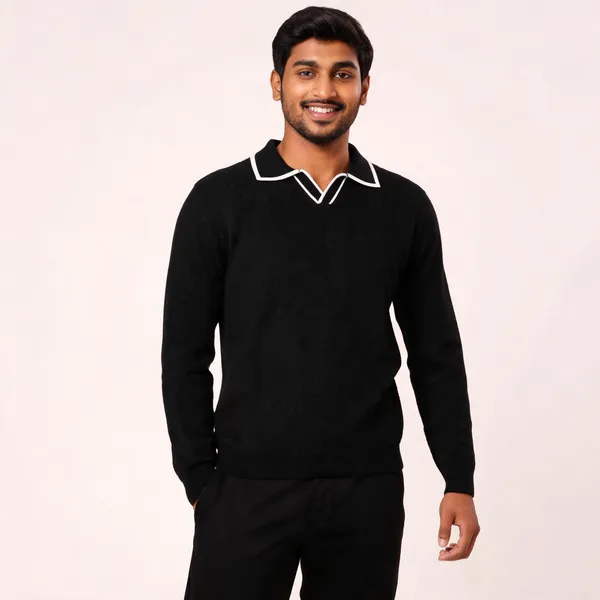 Black_Cotton_Blend_Knit_Polo_Sweater_For_Men