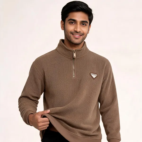 Brown_Cotton_Blend_Ribbed_Quarter-Zip_Pullover_For_Men