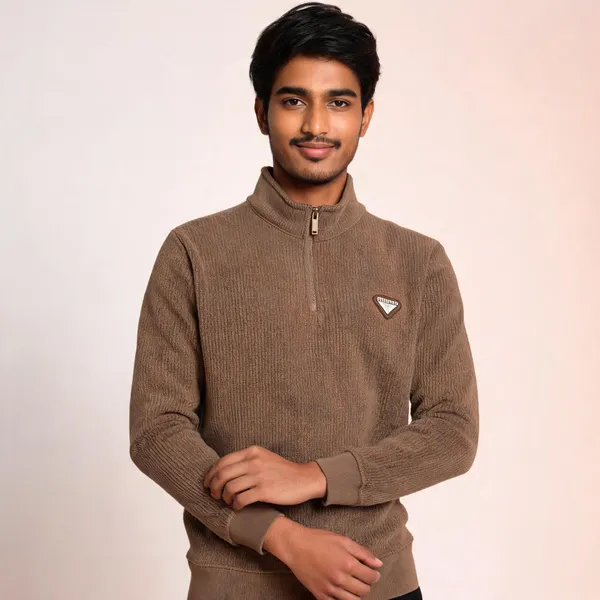Brown_Cotton_Blend_Ribbed_Quarter-Zip_Pullover_For_Men