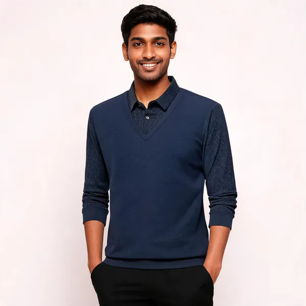 Navy_Cotton_Blend_V-Neck_Long_Sleeve_Polo_Shirt_For_Men
