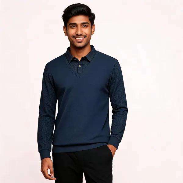 Navy_Cotton_Blend_V-Neck_Long_Sleeve_Polo_Shirt_For_Men