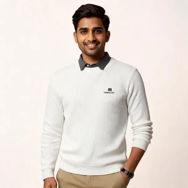 White_Cotton_Blend_Ribbed_Regular_Fit_Polo_Sweater_For_Men