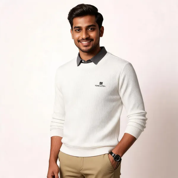 White_Cotton_Blend_Ribbed_Regular_Fit_Polo_Sweater_For_Men