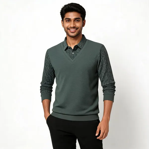 Green_Cotton_Blend_Textured_V-Neck_Pullover_For_Men